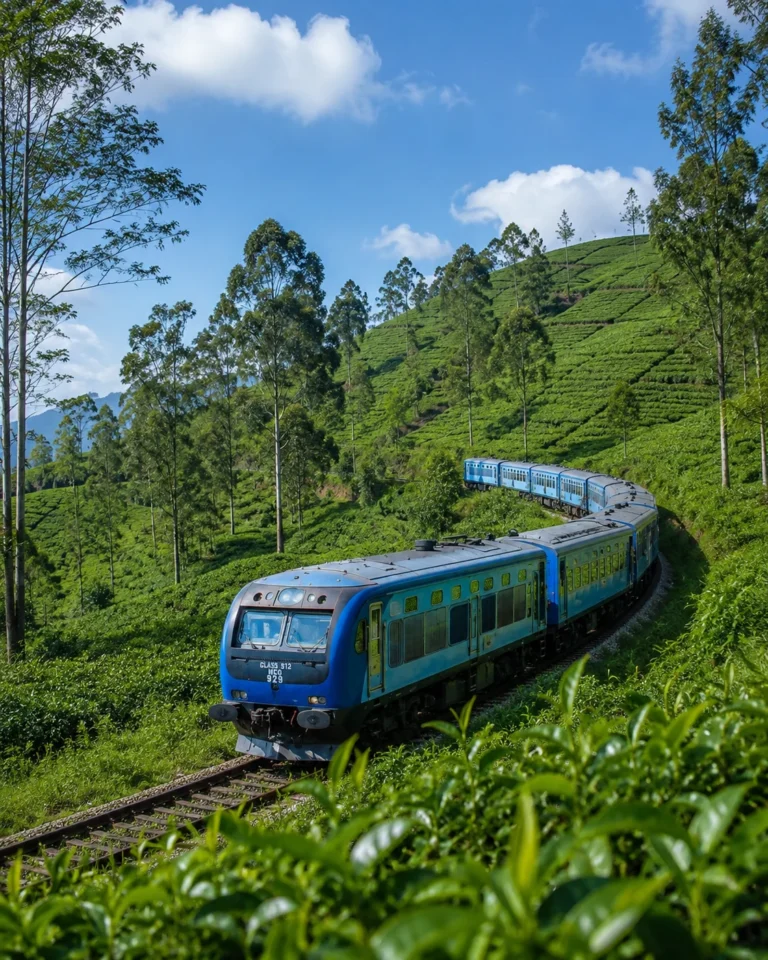 Scenic blue train journey through the lush tea plantations of Sri Lanka's hill country with Loomra Tours.
